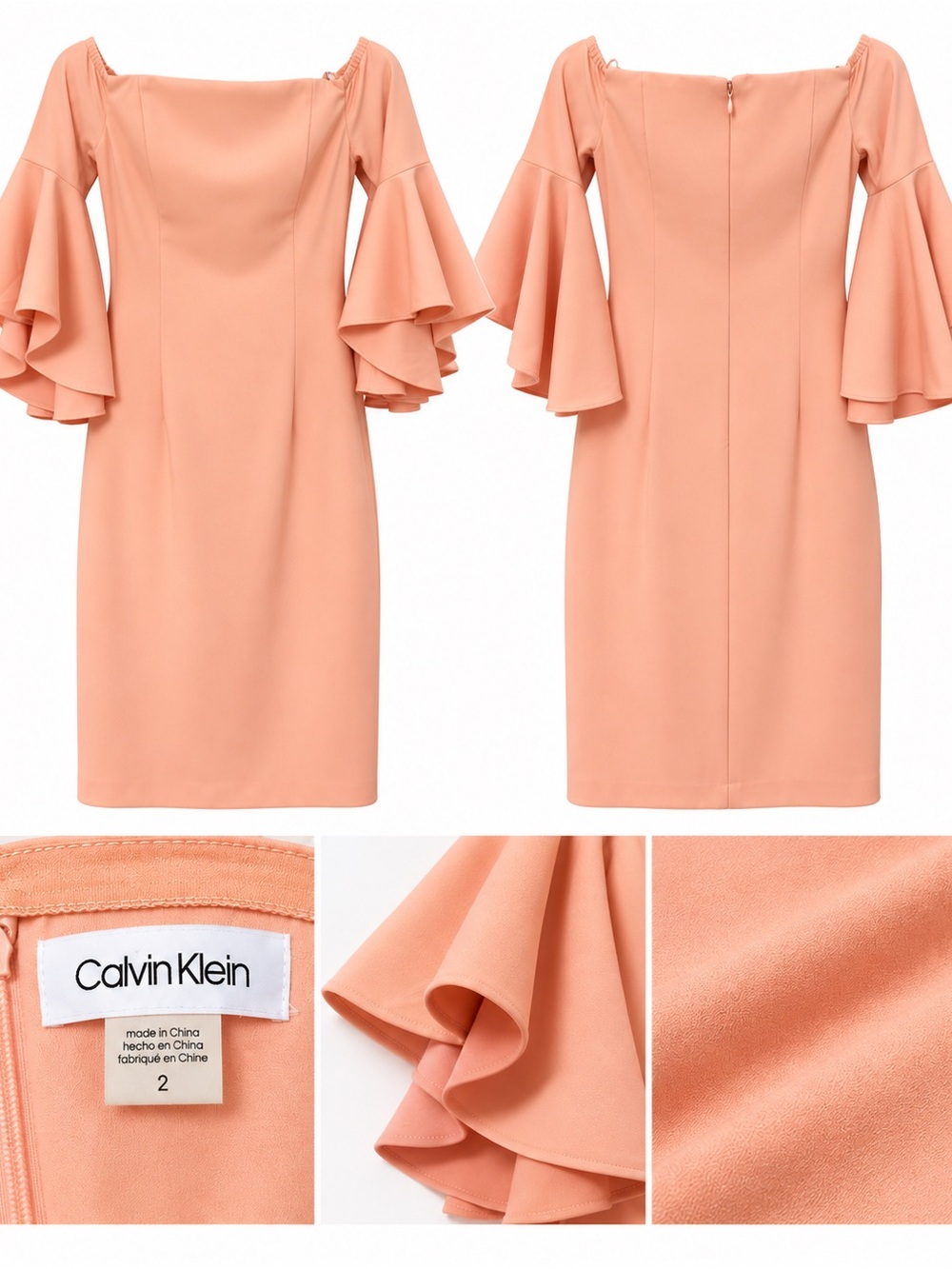 Calvin Klein Peach Coral Off Shoulder Bell Sleeve Sheath Dress Size 2